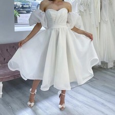 Short Puff Sleeve Wedding Dress Organza Knee Length Simple Beach Bridal Gowns