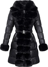 NEW! RISISSIDA Black Puffer Jacket Fur Lined Coat w/ Long Faux Fur Collar Hooded