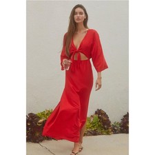 Anthropologie Size Medium Red Maxi Dress Tie Front Cutout Kimono Sleeve Viscose