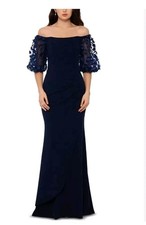 XSCAPE Mermaid Dress Size 16W Navy 3D Floral Sleeve Off The Shoulder