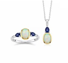 TJC Ethiopian Opal & Blue Sapphire Set (Ring+Necklace) l Sterling Silver | BNIB