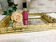 Vintage Small Mirror Vanity Tray Gold Filigree Perfume Nail Polish Lotion Holder