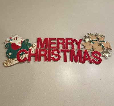 Vtg Santa Claus Merry Christmas Wall Door Hanging Home Decor Sleigh And Reindeer