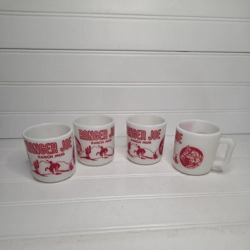 Vintage 50's Ranger Joe Ranch Mugs (4)  Red Hazel Atlas Milk Glass Mugs