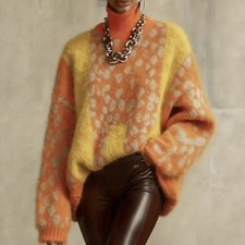 Women's Leopard Print Color Block Turtleneck Sweater Oversized Long Sleeve Knit 