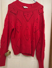 LOFT Women's S Red Knit Geometric Textured Crewneck Pullover Sweater Long Sleeve