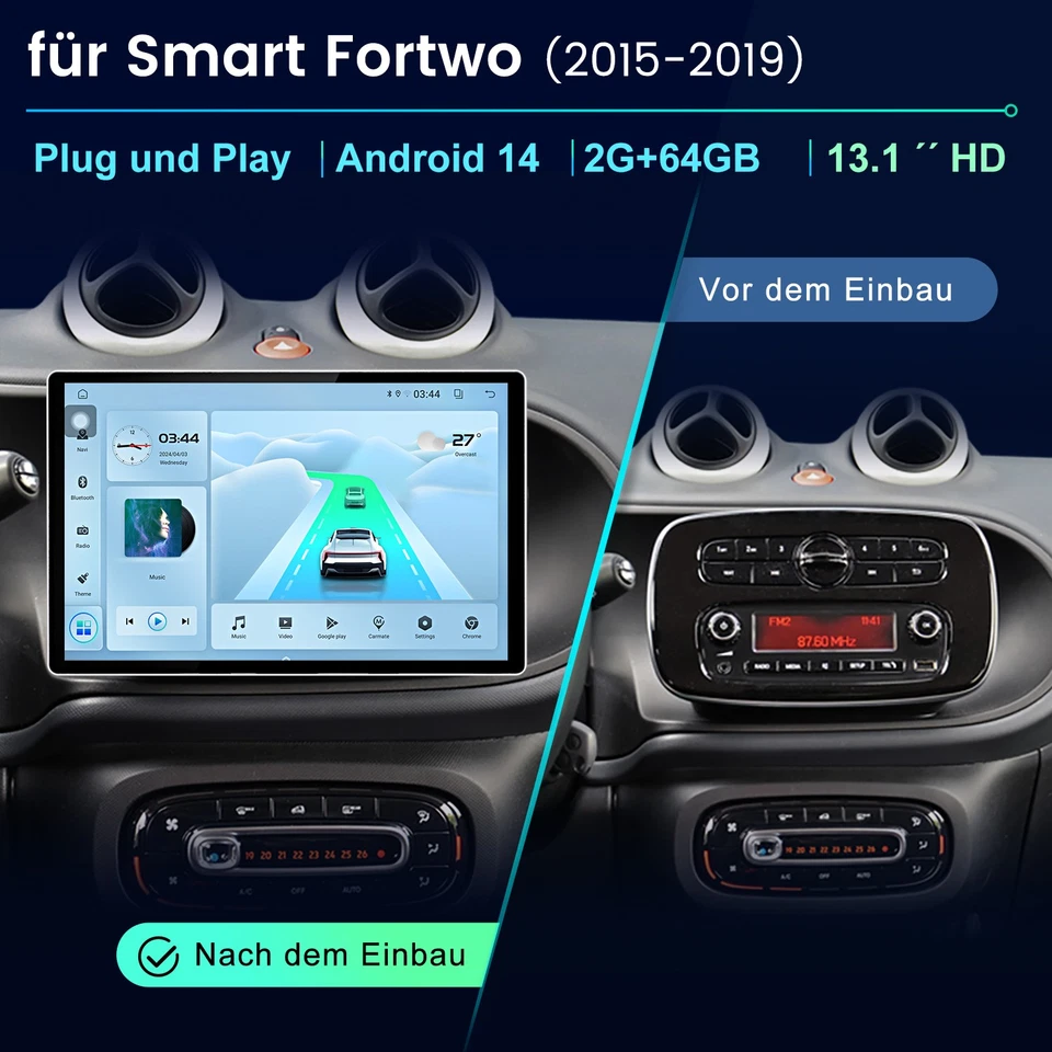 13.1" Für Smart Forfour Fortwo 453 Android14 Carplay 64G Autoradio GPS Navi WIFI - Bild 2 von 4