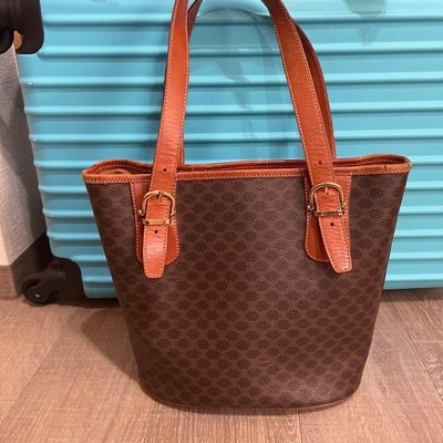 CELINE TRIOMPHE Bucket Bag PVC Leather Handbag Brown Macadam Style