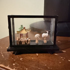 Asian Miniature Scene Diorama w/ Pagoda & Bird Figures in Glass Display Case — photo 1