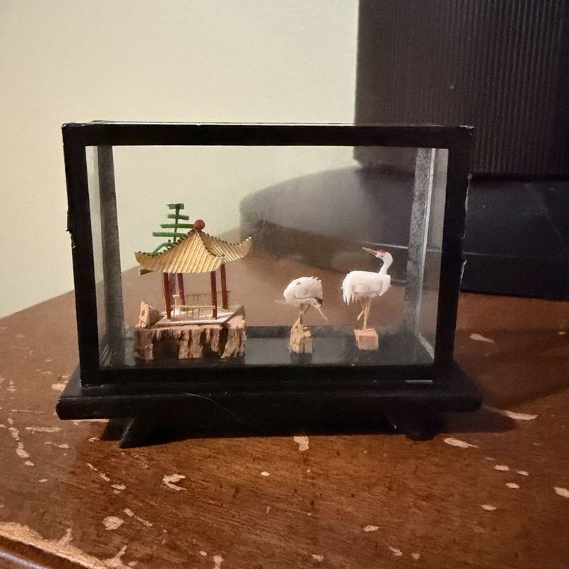Asian Miniature Scene Diorama w/ Pagoda & Bird Figures in Glass Display Case