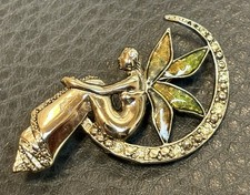 Vintage Brooch Pin Fairy on Crescent Moon Gol...