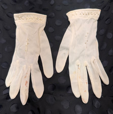 Vintage Women's White Short Sheer Gloves with Beaded  Stitching Detail