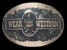 TJ05137 NOS VINTAGE 1980  WEAR WESTERN  SOLID BRASS ADVERTISEMENT BUCKLE
