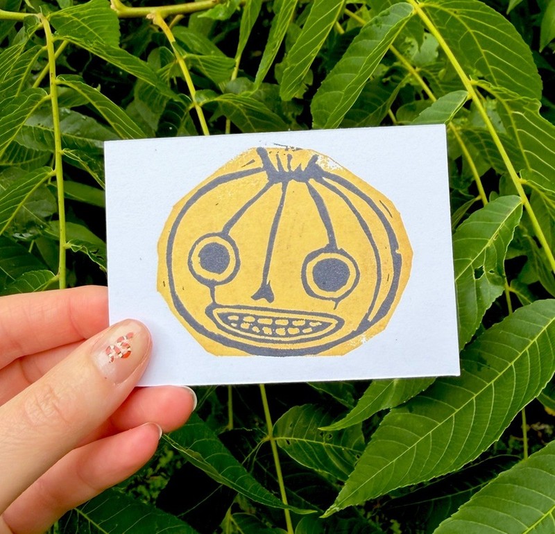 ACEO Original – Spooky Yellow Fall Pumpkin – by Ailec – Linocut block print