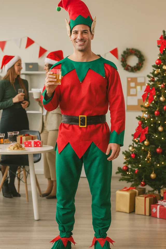 Costume De Lutin Pour Adultes Hommes Déguisement De Noël Aide De Santa - Photo 3/4