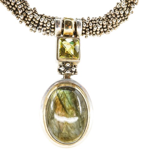 Michael Dawkins 925 Sterling Caviar Beaded Necklace Labradorite Peridot Pendant - Picture 12 of 17
