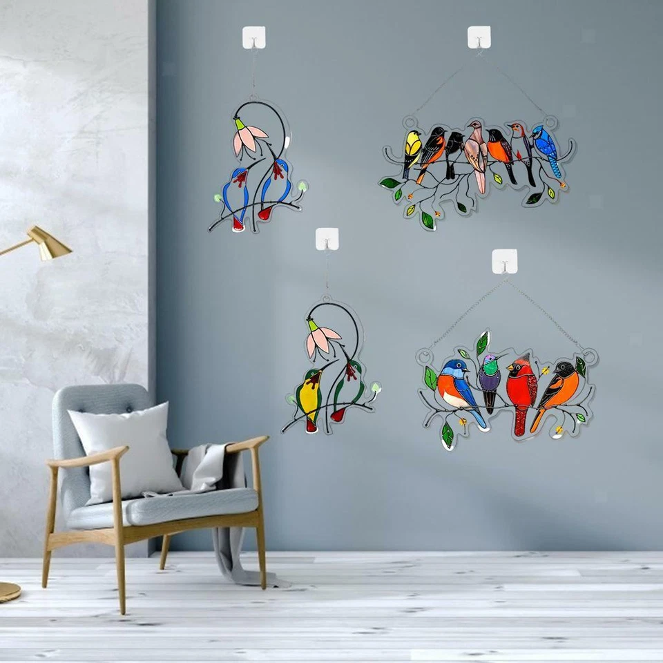 Stained Glass Birds-On-A-Wire Window Panel Hanging Suncatcher Window Decors.