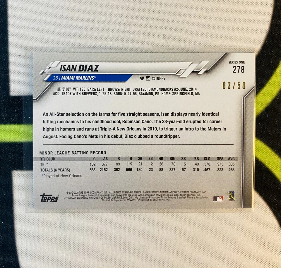 Isan Diaz 2020 Topps Series One #278 Mothers Day Pink #d /50 Rookie RC Marlins - Image 2 of 2