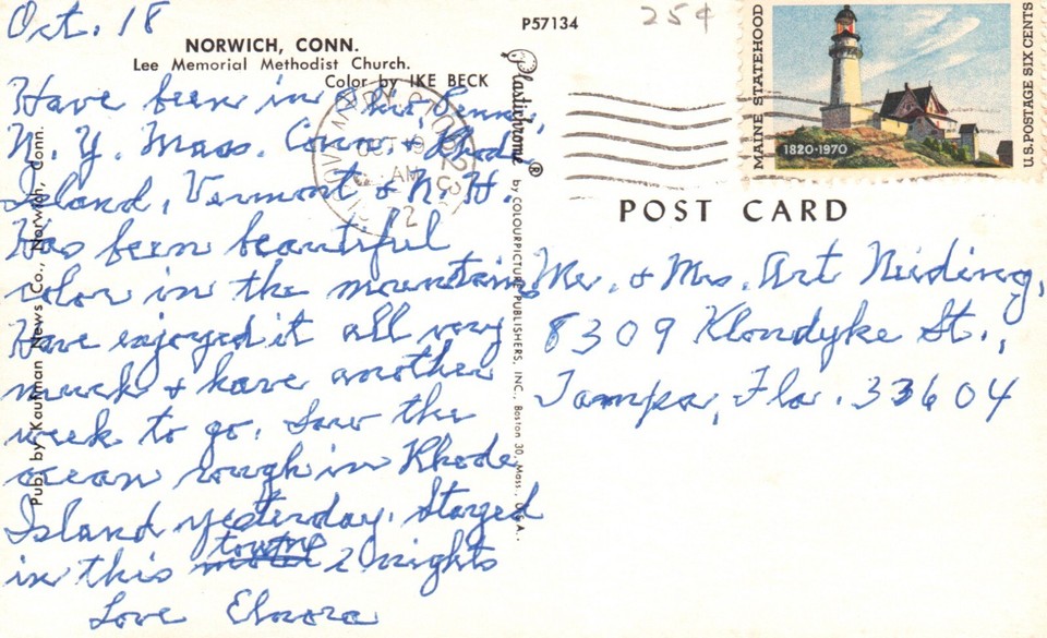 Postcard CT Norwich Lee Memorial Methodist Church 1972 Chrome Vintage