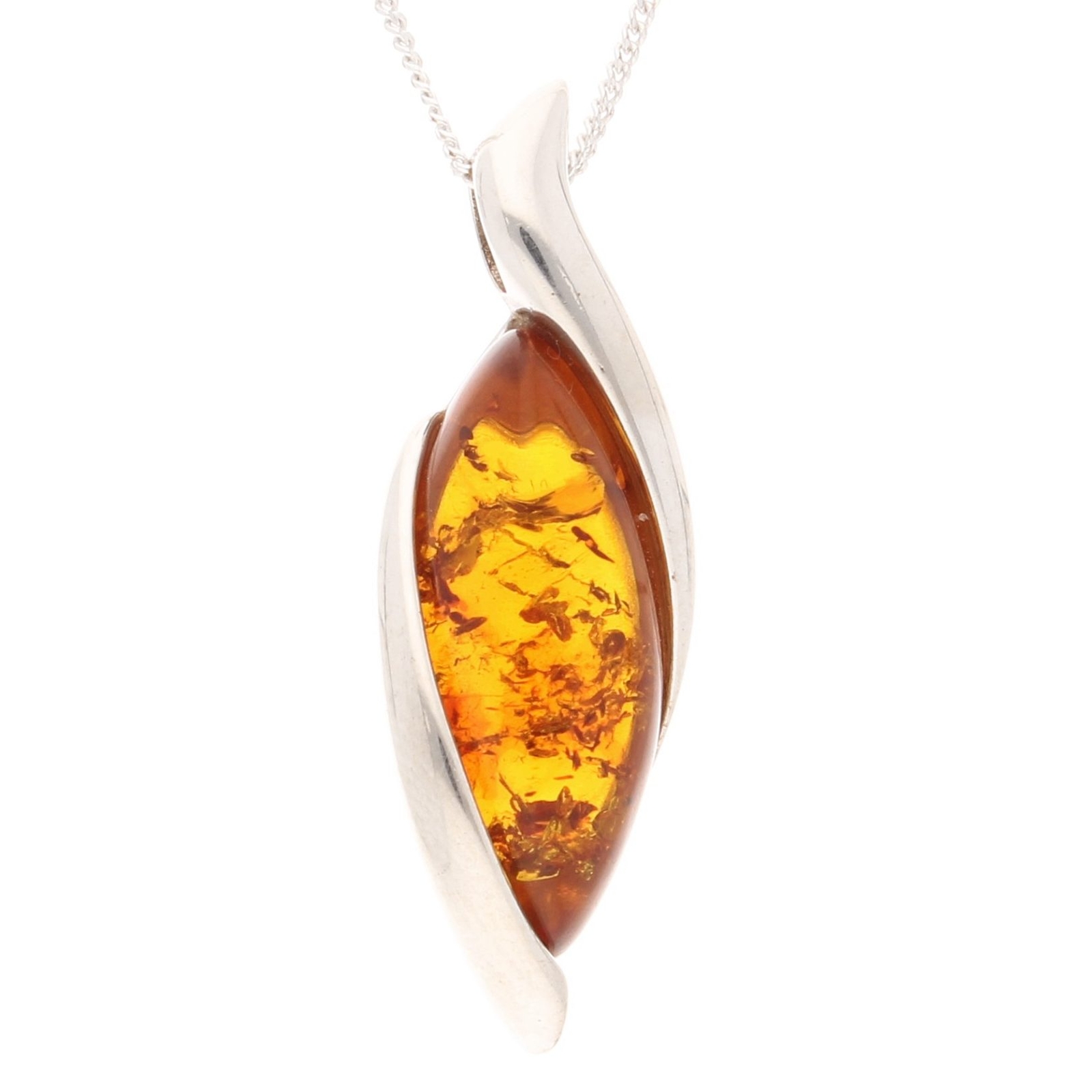 Sterling Silver Amber Pendant (13x36.5mm) & 18"" Curb Chain (1mm Wide)