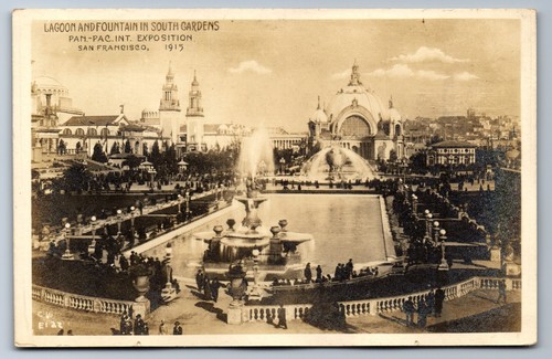 1915 RPPC PPIE SAN FRANCISCO LAGOON FOUNTAIN SOUTH GARDENS PHOTO Postcard P33