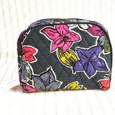 Vera Bradley Large Zip Cosmetic Bag Falling Flowers Green Travel NWT MSRP $34