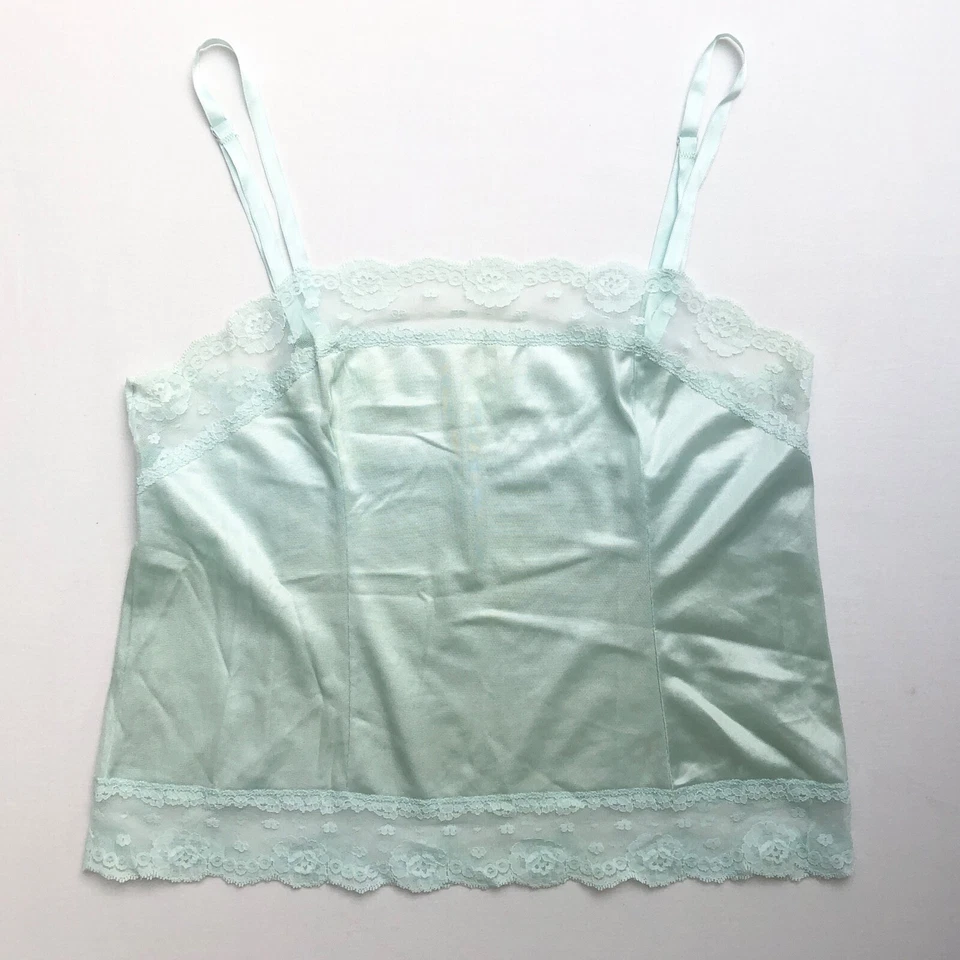 Camiseta sin mangas corta vintage de nailon verde aguamarina de encaje lencería con correa de espagueti M Foto 2 de 4