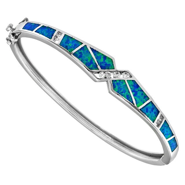Australian Opal Inlay & Topaz 925 Solid Sterling Silver Bangle Bracelet ,OX3