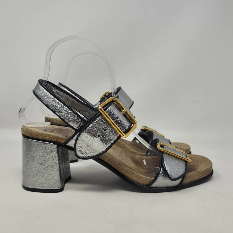 Prada Sandals IT40 US10 Silver Metallic Leather Block Heel Slingback Gold Buckle - Image 2 of 4