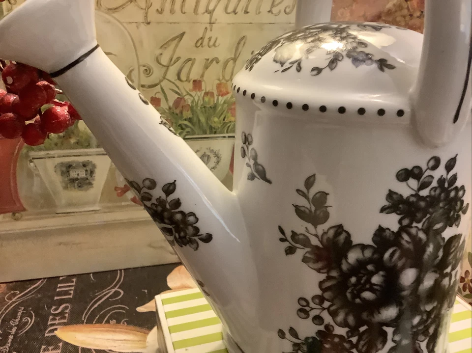 Porcelain Watering Can~Black/White Floral Toile~Useable/Charming/Quality~NICE 😊 - Image 3 of 4