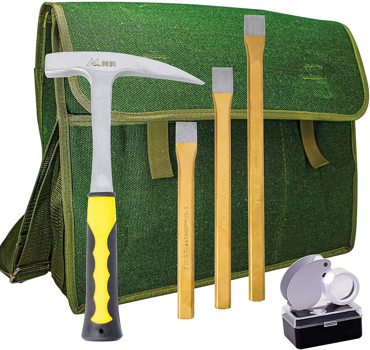 Rock Hammer Mining Kit, Rockhounding Geologia Strumenti Borsa Musette Scalpelli Pick Rock
