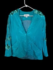 Erez Teal Embroidered Beading Peacock Detail Blazer W/ Shoulder Pads Size L