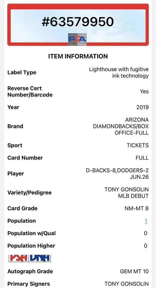 TONY GONSOLIN SIGNED MLB DEBUT FULL 🎟 2019 DODGERS 6/2 POP 1/1🔥PSA 8 AUTO 10💎 - Image 4 of 4