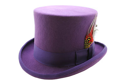 Purple 100% Wool Satin Lined Wedding Event Felt Top Hat With