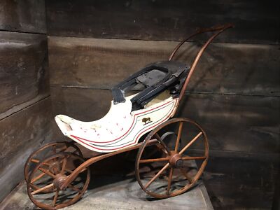 EARLY ANTIQUE DOLL PRAM BUGGY PIN STRIPED LIONS LOVELY COMPLETE GREAT CONDITION