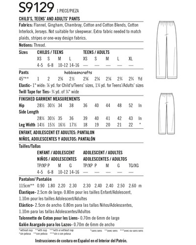 SIMPLICITY 9129 CHILD'S TEENS & ADULTS PANTS Sewing Pattern Easy to sew XS - XL - Picture 3 of 5