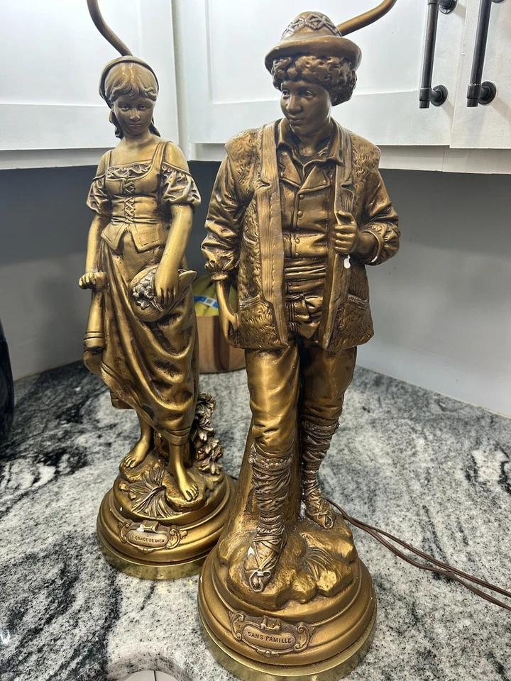 Vintage French Pair Figurine Lamps Provincial 1930s Night Figural Lamps Gold - Image 2 of 4