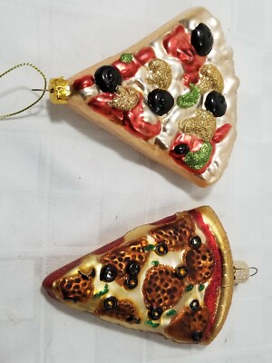 Blown Glass TWO PIZZA SLICE ORNAMENTS Old World Christmas & Other NICE 