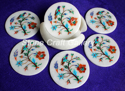 Marble Coaster set semi precious stones Inlay Work Home Office Decor
