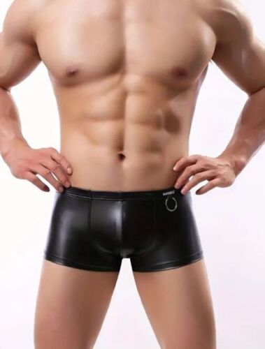 New Men's Sexy Leather Look Square Cut Boxer Briefs w/Contoured Pouch - Gay