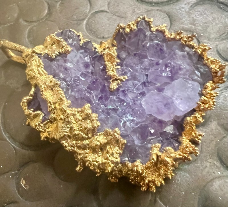 Vintage Raw Purple Amethyst Pendant Gold Tone 1980's Handmade