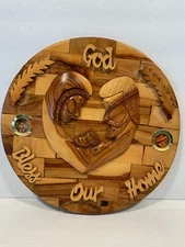 Holy Family Olive Wood Plaque Joseph Round Mary Baby Jesus Bethlehem Holy Land