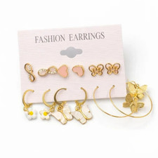 Gold Butterfly Earrings Set 6 Pairs Studs Hoops Heart Floral Women Gift