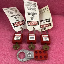 Lot of Master Lock Safety Red Lockout Padlocks w/Keys & Hasp