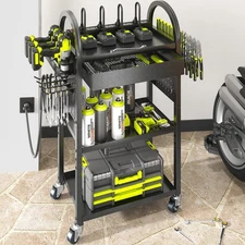 Power Tool Cart with Charging Station, Rolling Cart with Drawer, Heavy Duty P...