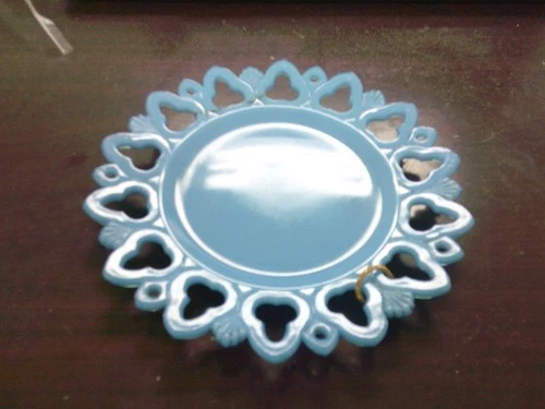 VINTAGE KEMBLE TURQUOISE BLUE OPALINE GLASS PLATE CLUB & SHELL OPEN LACE EDGE-EC