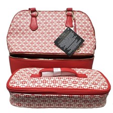 IMAN Global Chic Satchel Red White Zip Handbag Two Handles, Pouch Pocketbook