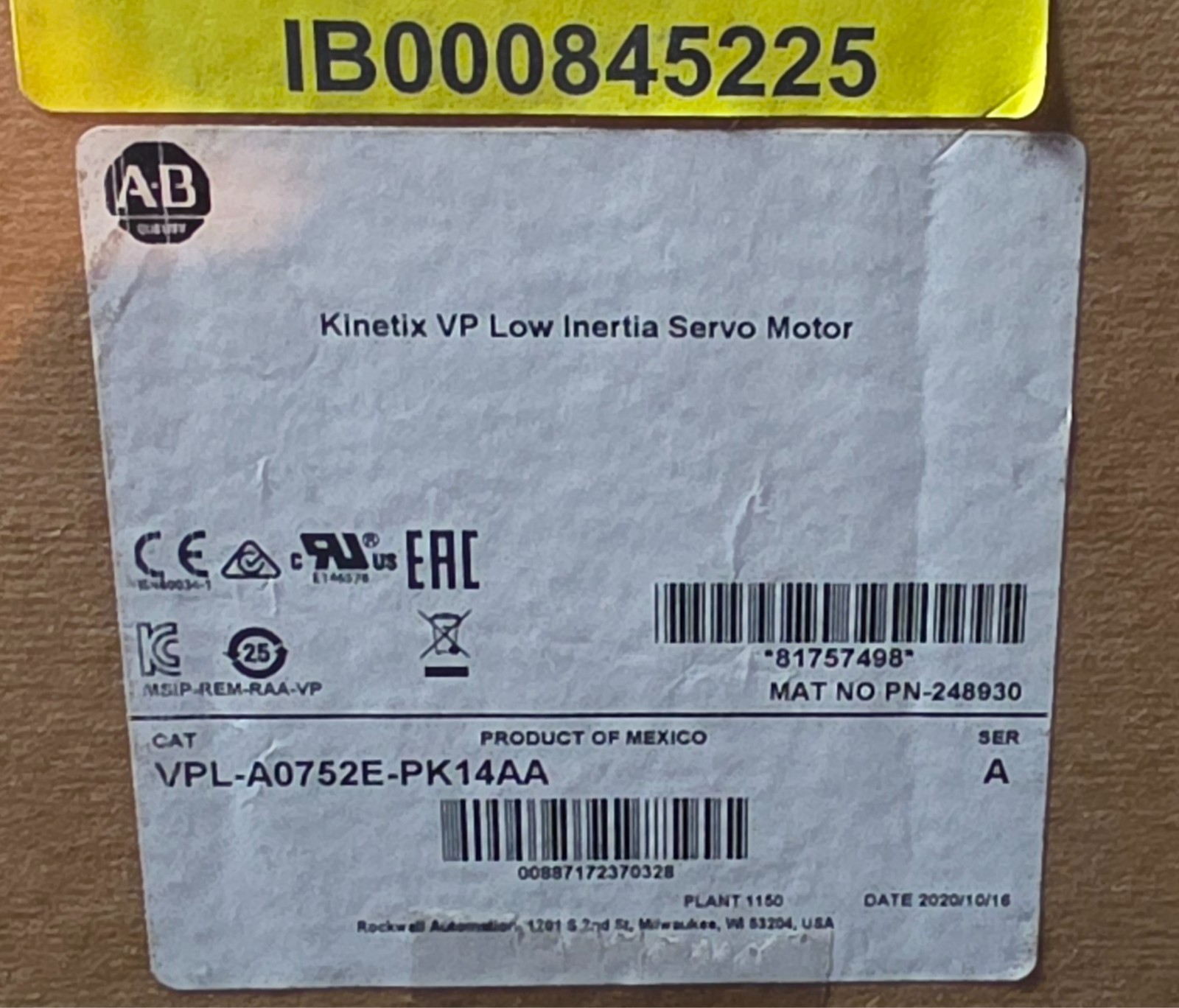 ALLEN-BRADLEY VPL-A0752E-PK14AA Kinetix Low-Inertia AC Servo Motor VP