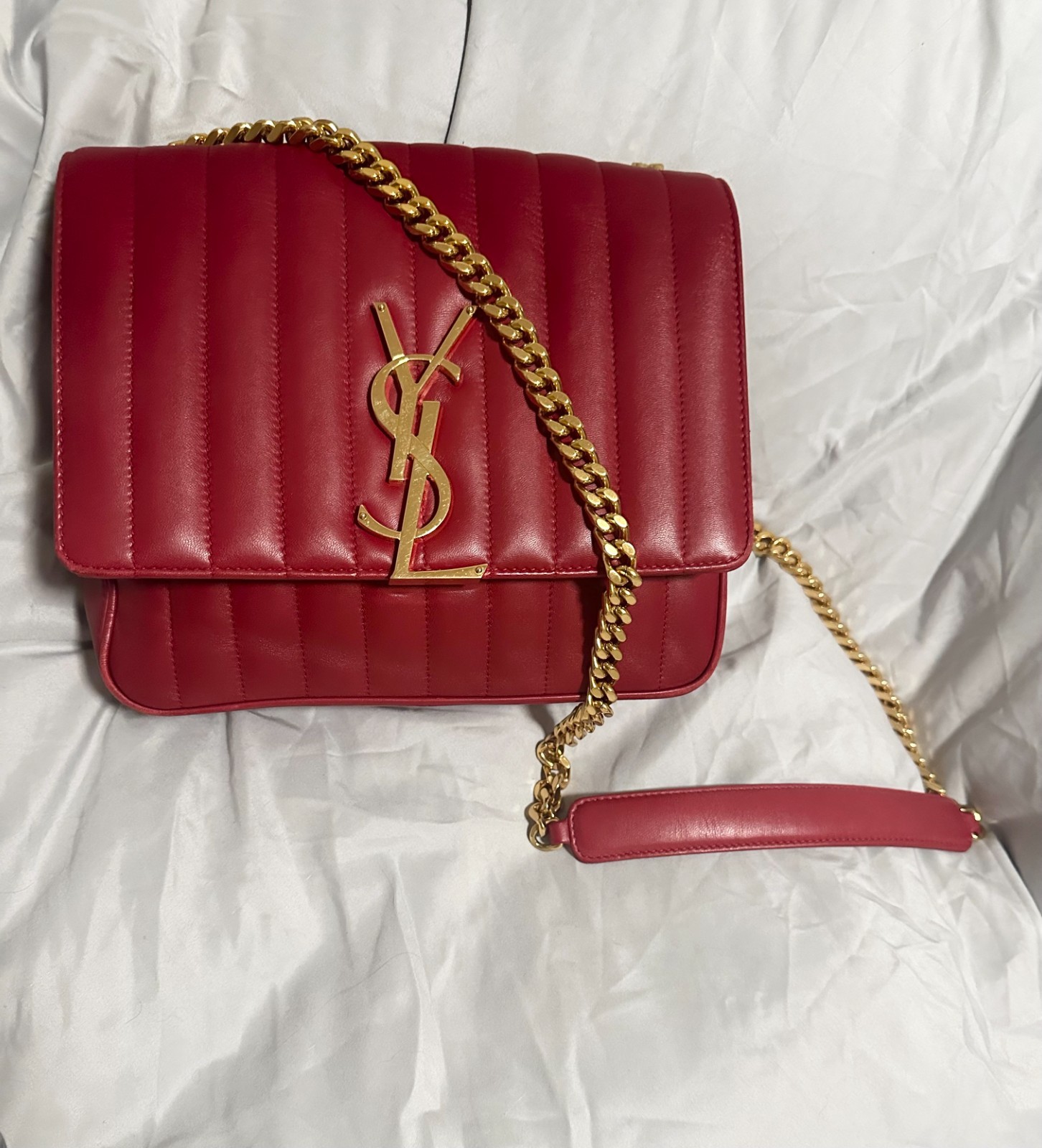 Saint Laurent Large Monogram Vicky Bag - Lightly Used - Red Leather - Gold Chain