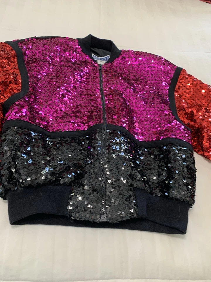 Chaqueta Bomber De Colección Años 80 Gamma Rosa Rojo Negro Lentejuelas Hecha en EE. UU. Patinador con Ruedas Foto 2 de 4